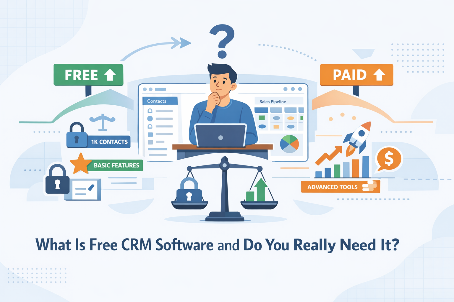 Create a clean modern flat vector hero banner for a B2B SaaS article titled What Is Free CRM Software and Do You Really Need ItStyle educational balan-1