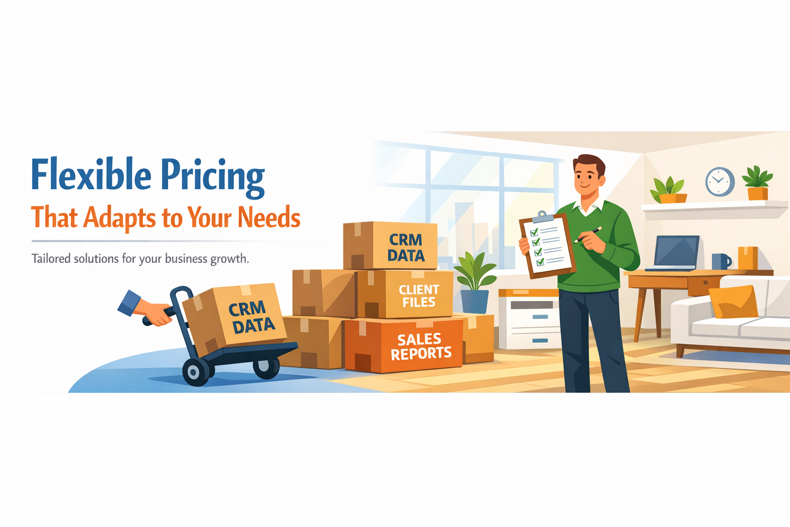 Create a clean structured flat vector hero banner for a B2B SaaS article titled Flexible Pricing That Adapts to Your NeedsOn the right side a bright o