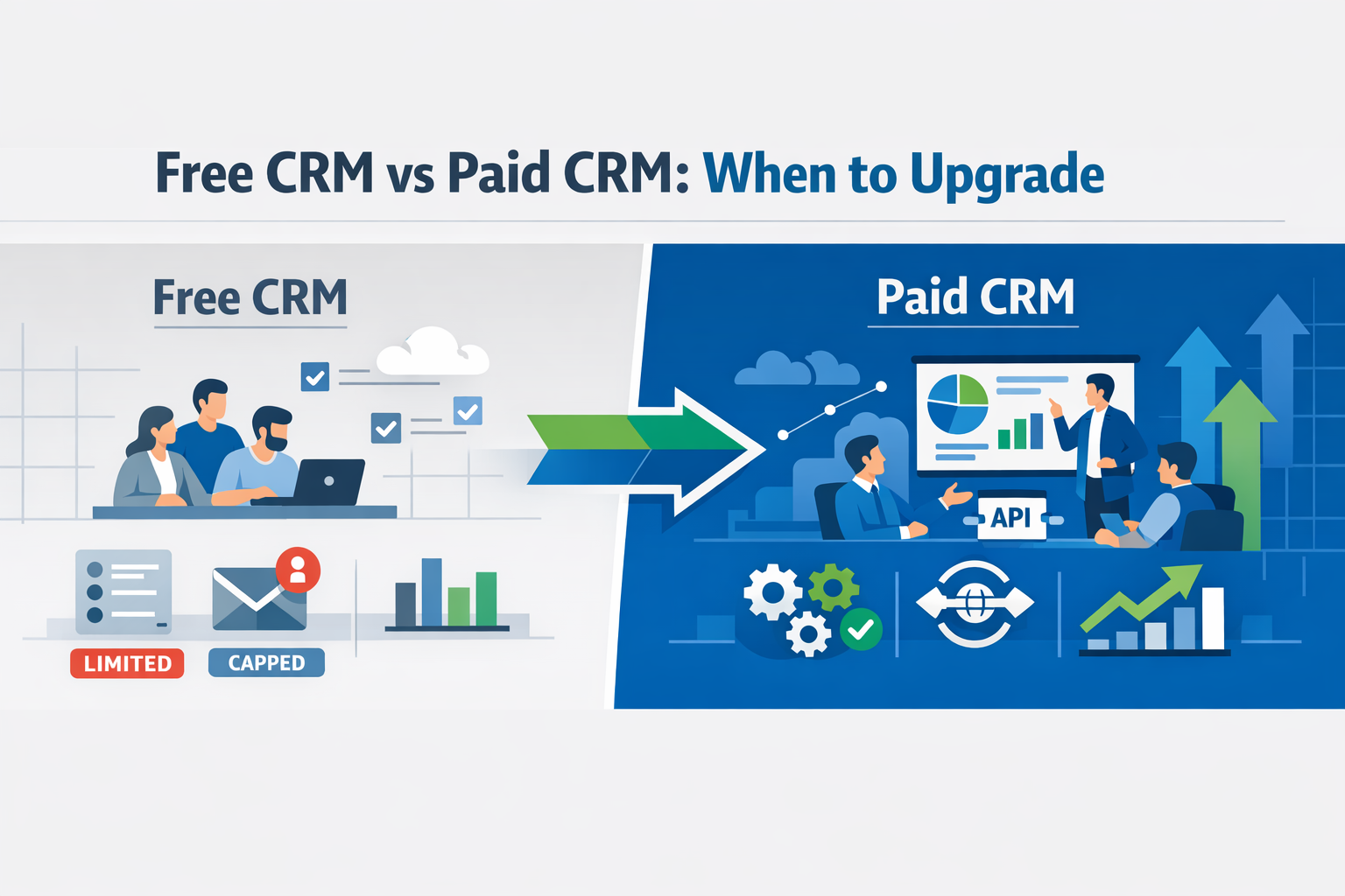 Create a modern flat vector hero banner for a B2B SaaS article titled Free CRM vs Paid CRM When to UpgradeStyle decisionfocused professional growthori