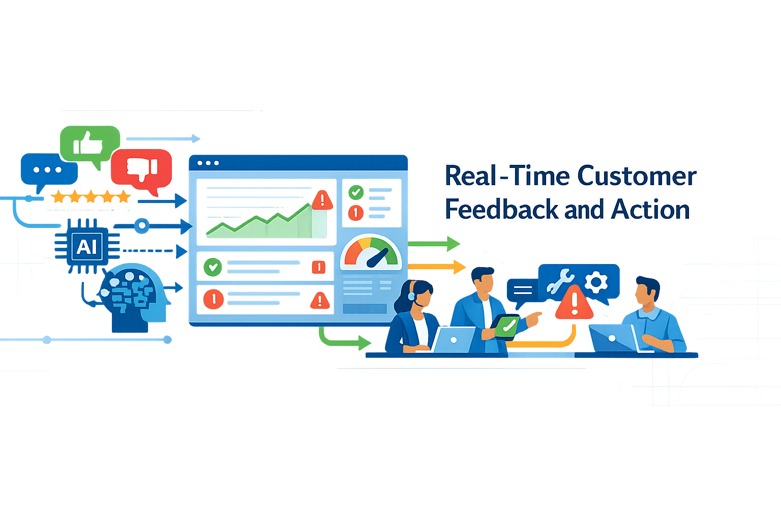 Create a modern flat vector hero banner for a B2B SaaS article titled RealTime Customer Feedback and ActionStyle clean professional realtime focused e-1
