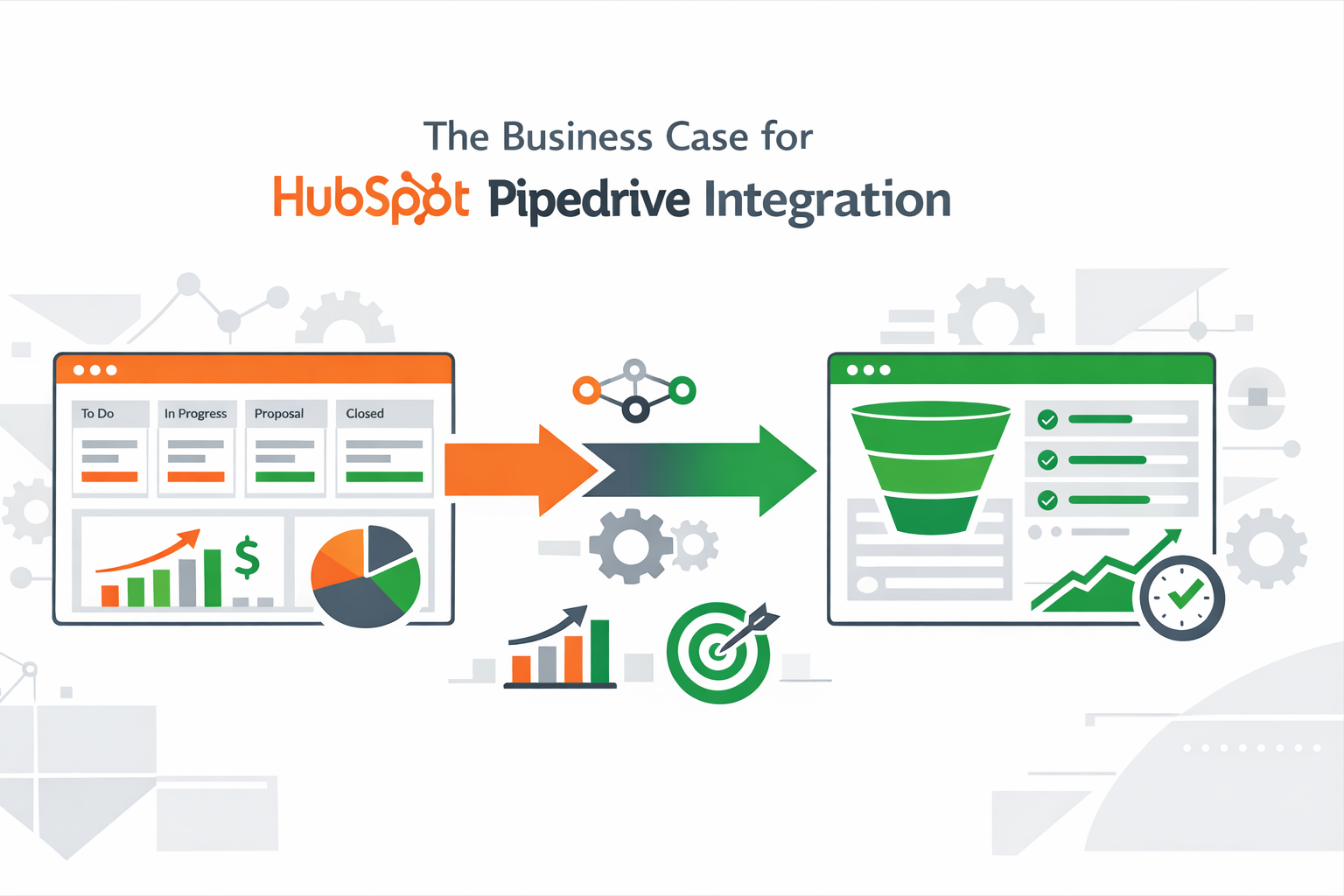 Create a modern flat vector hero banner for a B2B SaaS article titled The Business Case for HubSpot Pipedrive IntegrationStyle professional SaaS clean