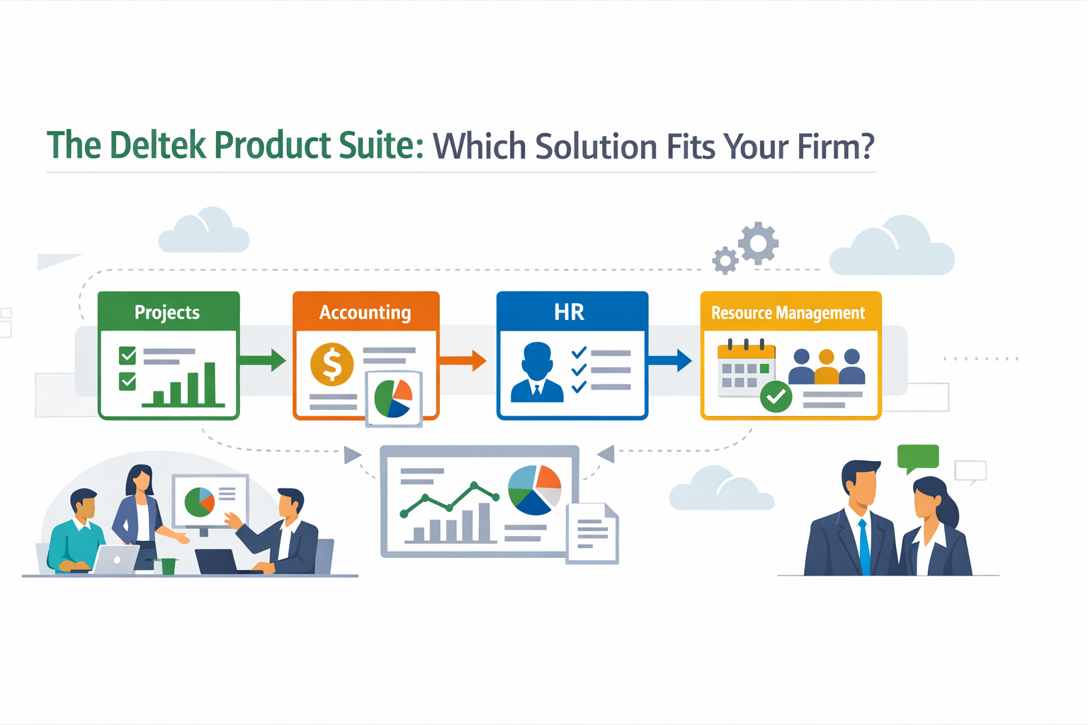 Create a modern flat vector hero banner for a B2B SaaS article titled The Deltek Product Suite Which Solution Fits Your FirmStyle professional clean e-1