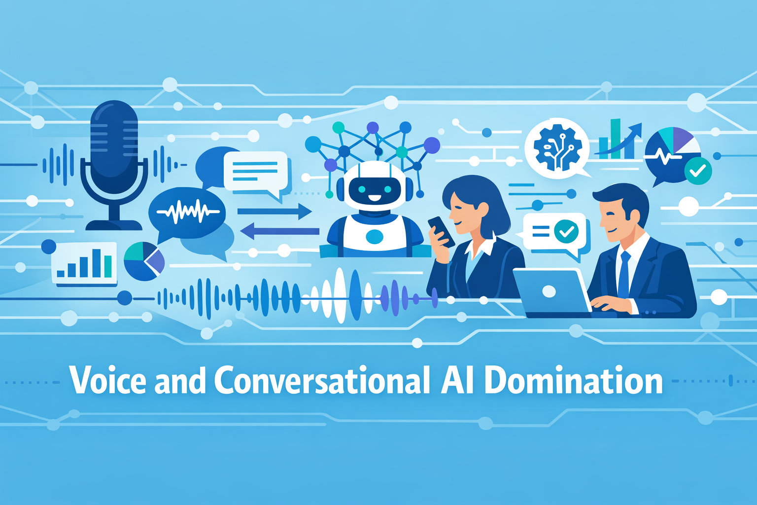 Create a modern flat vector hero banner for a B2B SaaS article titled Voice and Conversational AI DominationStyle futuristic clean innovative enterpri