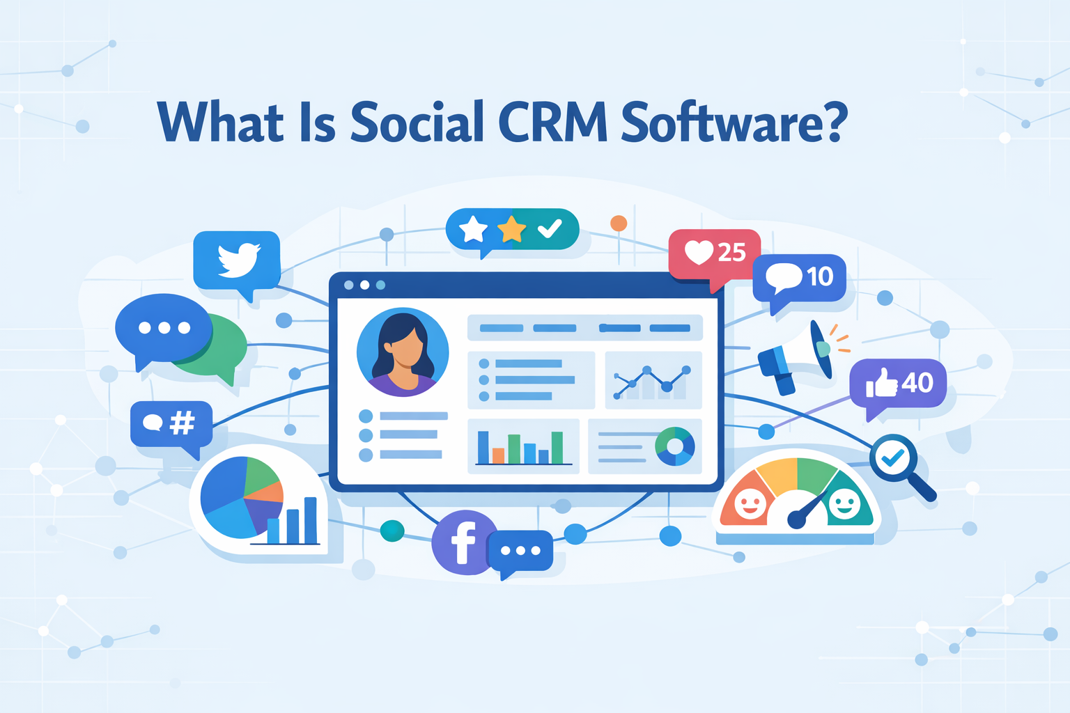 Create a modern flat vector hero banner for a B2B SaaS article titled What Is Social CRM SoftwareStyle modern connected customercentric SaaSVisual ele-1