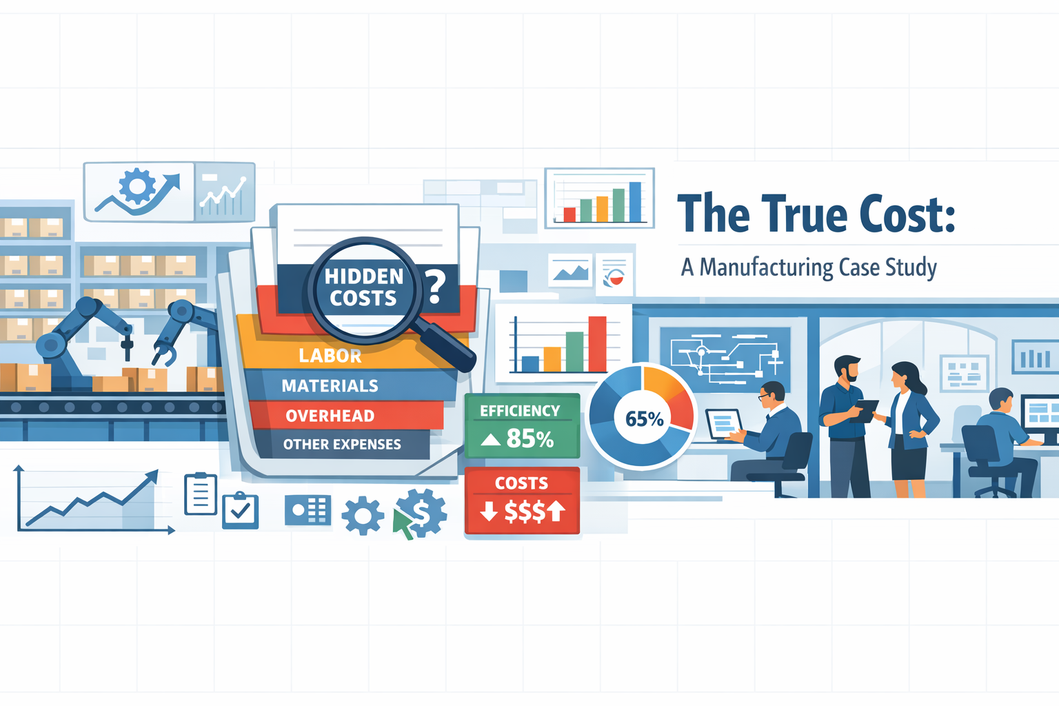 Create a modern flat vector hero banner for a case study article titled The True Cost A Manufacturing Case StudyStyle industrial analytical enterprise-2