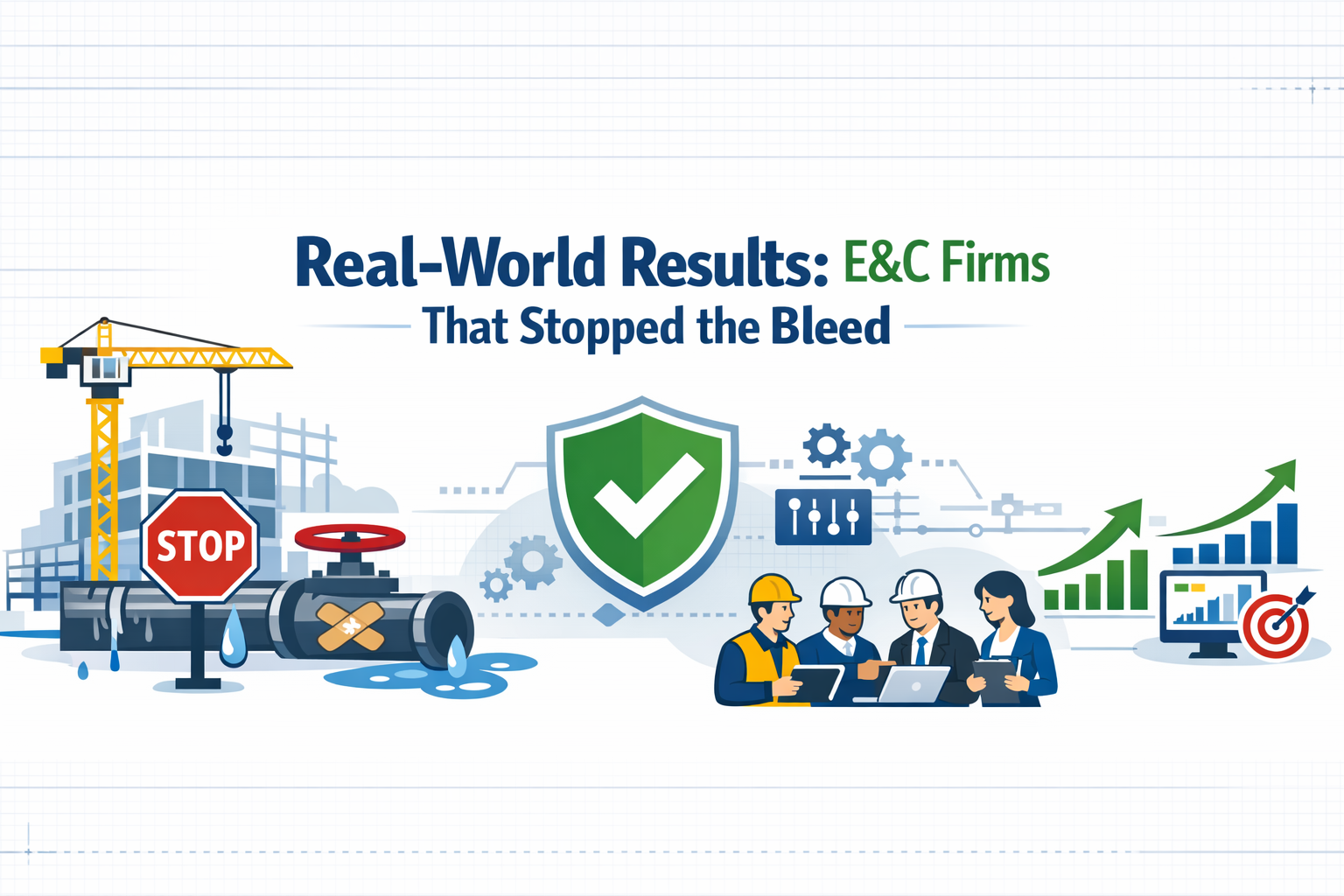 Create a modern flat vector hero banner for an article titled RealWorld Results EC Firms That Stopped the BleedStyle professional industrial clean fla-1