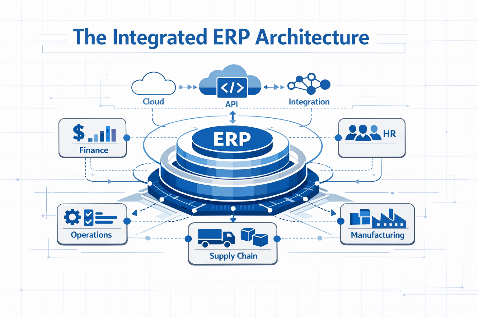Create a modern flat vector hero banner for an enterprise technology article titled The Integrated ERP ArchitectureStyle enterprise IT structured clea-1