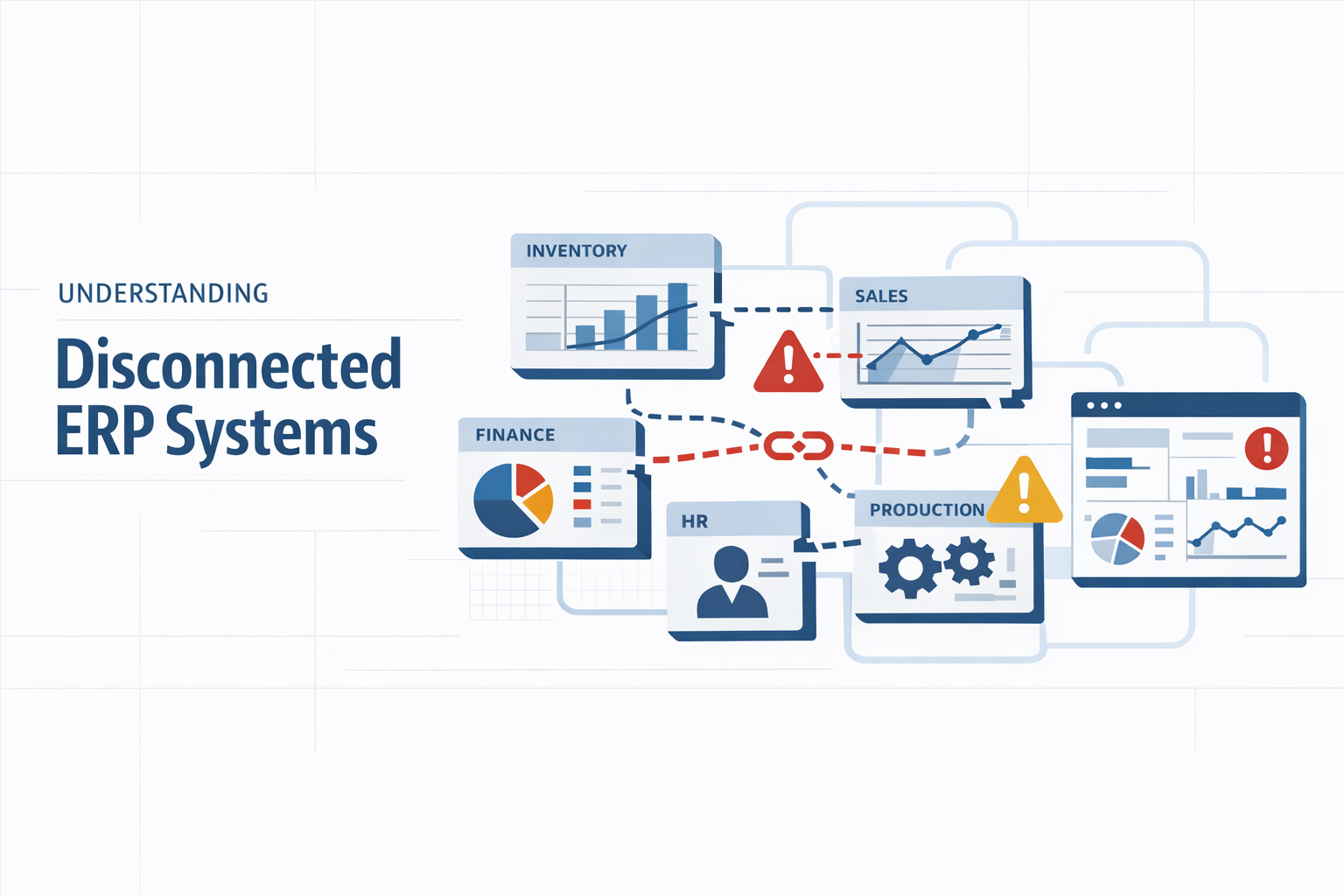 Create a modern flat vector hero banner for an enterprise technology article titled Understanding Disconnected ERP SystemsStyle enterprise IT analytic
