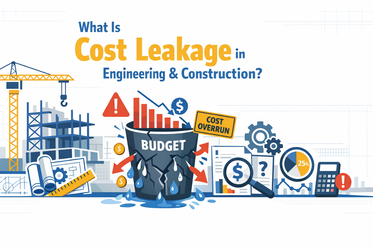 Create a modern flat vector hero banner for an industry explainer article titled What Is Cost Leakage in Engineering  ConstructionStyle professional i-1