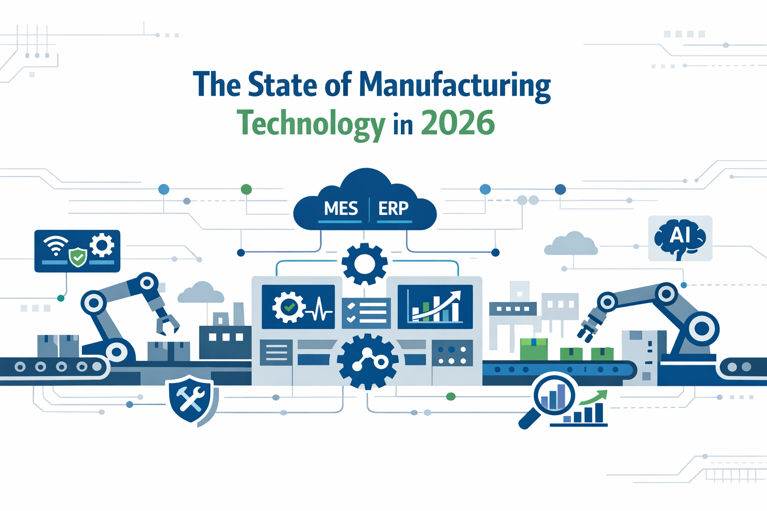 Create a modern flat vector hero banner for an industry outlook article titled The State of Manufacturing Technology in 2026Style industrialtech enter-1