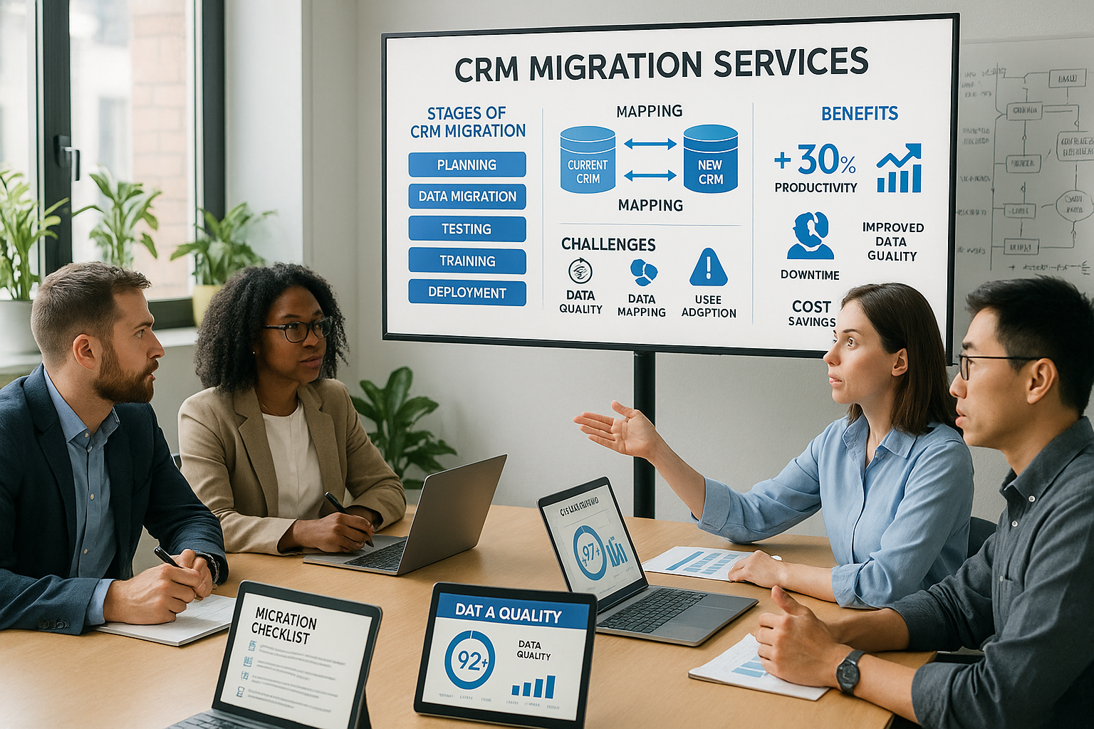 The image depicts a modern office environment where a diverse group of professionals is engaged in a strategic meeting focused on CRM migration servic