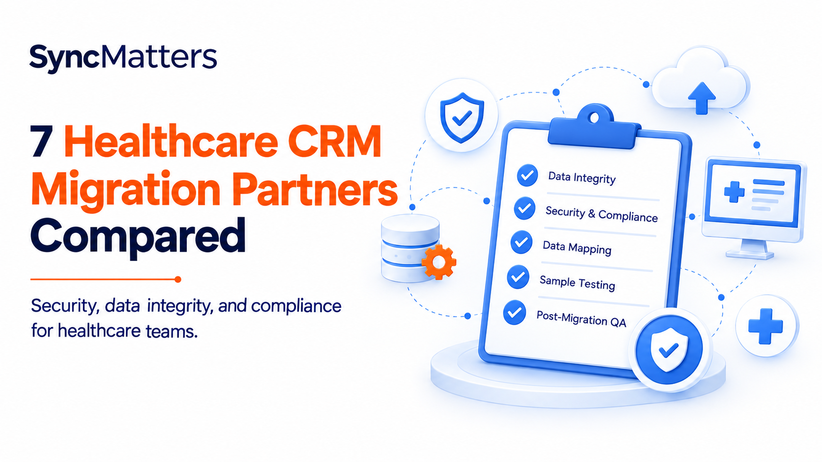 SyncMatters infographic comparing 7 healthcare CRM migration partners, highlighting data integrity, security and compliance, data mapping, sample testing, and post-migration quality assurance.