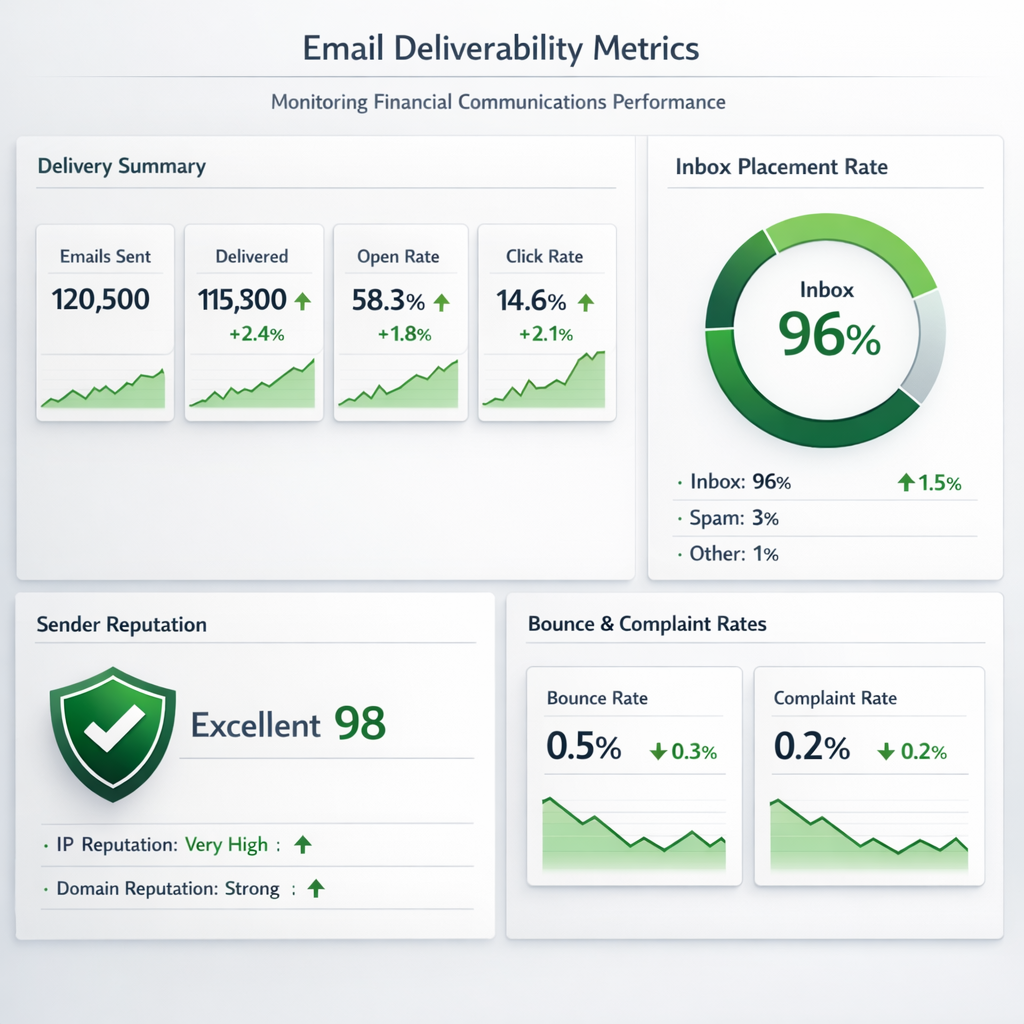 Email Delivery Dashboard with Green Trending Graphs and Sender Reputation Scores